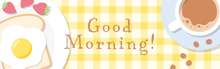 vector background with breakfast with a fried egg, bread, strawberries and a cup of coffee for banners, cards, flyers, social media wallpapers, etc.