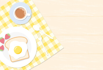 vector background with breakfast with a fried egg, bread, strawberries and a cup of coffee for banners, cards, flyers, social media wallpapers, etc.