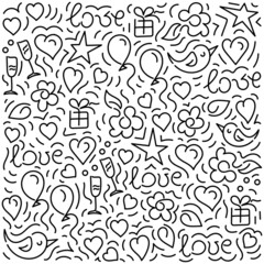 Doodle Love seamless background. Black amd white hand drawn vector pattern