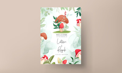 Cute mushroom and leaves hand drawing invitation card template