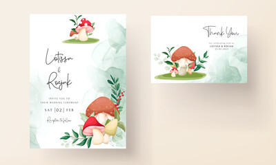 Cute mushroom and leaves hand drawing invitation card template