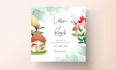 Cute mushroom and leaves hand drawing invitation card template