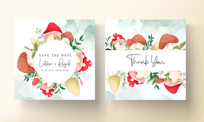 Cute mushroom and leaves hand drawing invitation card template