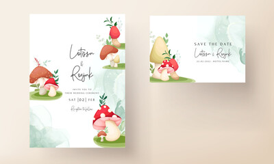 Fototapeta premium Cute mushroom and leaves hand drawing invitation card template