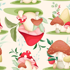 cute hand drawing mushroom and leaves seamless pattern design