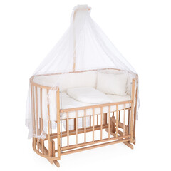 room for baby, white, gray, bedding, pillow and quilt blanket, bright interiors, accessories, white baby crib with canopy isolated on white background © vaankara