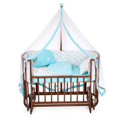 room for baby, white, gray, bedding, pillow and quilt blanket, bright interiors, accessories, white baby crib with canopy isolated on white background © vaankara