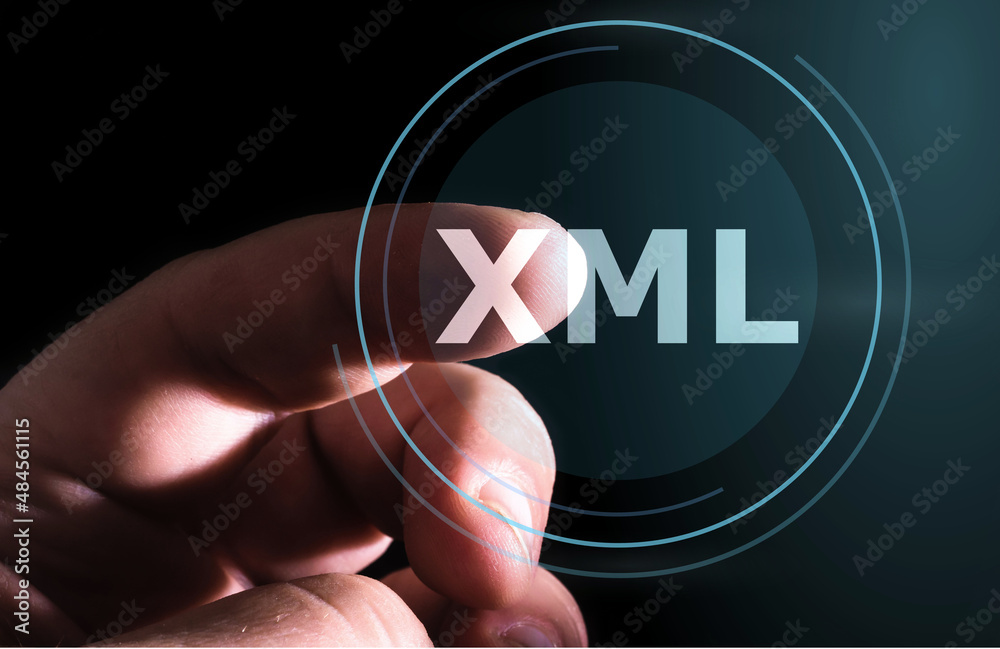 Poster Hand pressing XML button on virtual screens. Extensible Markup Language
