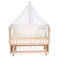 room for baby, white, gray, bedding, pillow and quilt blanket, bright interiors, accessories, white baby crib with canopy isolated on white background © vaankara
