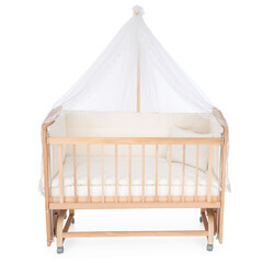 room for baby, white, gray, bedding, pillow and quilt blanket, bright interiors, accessories, white baby crib with canopy isolated on white background © vaankara