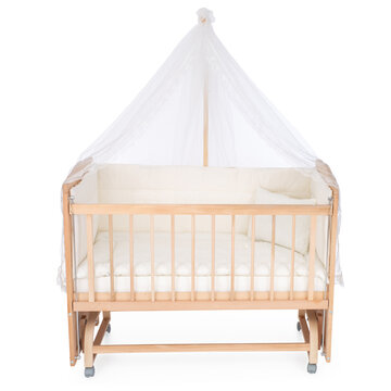 room for baby, white, gray, bedding, pillow and quilt blanket, bright interiors, accessories, white baby crib with canopy isolated on white background