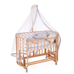 room for baby, white, gray, bedding, pillow and quilt blanket, bright interiors, accessories, white baby crib with canopy isolated on white background © vaankara