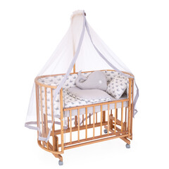 room for baby, white, gray, bedding, pillow and quilt blanket, bright interiors, accessories, white baby crib with canopy isolated on white background © vaankara