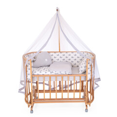 room for baby, white, gray, bedding, pillow and quilt blanket, bright interiors, accessories, white baby crib with canopy isolated on white background © vaankara