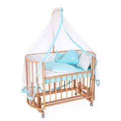 room for baby, white, gray, bedding, pillow and quilt blanket, bright interiors, accessories, white baby crib with canopy isolated on white background © vaankara