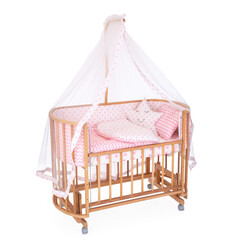 room for baby, white, gray, bedding, pillow and quilt blanket, bright interiors, accessories, white baby crib with canopy isolated on white background © vaankara