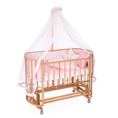 room for baby, white, gray, bedding, pillow and quilt blanket, bright interiors, accessories, white baby crib with canopy isolated on white background © vaankara