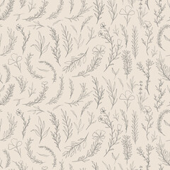 Materiał do szycia Seamless pattern plant nature hand drawn set. Outline botanical element.Elegante vintage style.