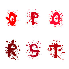 Letters of the alphabet O, P, Q, R, S, T. Letters in red splashes of paint or blood
