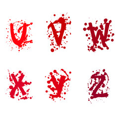 Letters of the alphabet U, V, W, X, Y, Z. Letters in red splashes of paint or blood