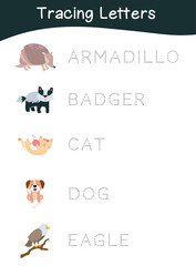 Tracing letters. Tracing names of animals’ worksheet. Writing practice. Educational printable colorful worksheet. Vector file.