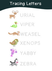 Fototapeta premium Tracing letters. Tracing names of animals’ worksheet. Writing practice. Educational printable colorful worksheet. Vector file.
