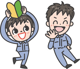 未経験マークを持つ作業着のスタッフ