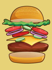 delicious hamburger with yellow flat background vector illustration