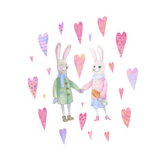 Enamored rabbits among soft pink hearts. The mood of spring and love for your designs. For holiday cards, stickers, covers, printing on dishes, for textiles and more