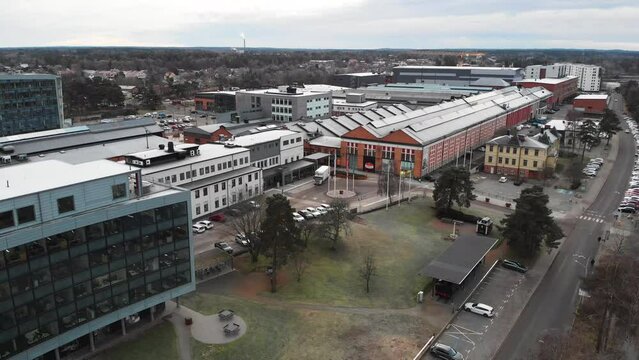Aerial view industrial area with Saab Car Museum and Innovatum Science Center, Trollhantan, Sweden