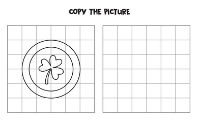 Copy the picture of black and white shamrock coin. Logical game for kids.