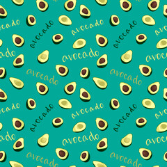 Vector seamless pattern of avocado halves, abstract background, wallpaper. Natural organic food illustration, juicy fruits. Pattern of avocado icons and inscriptions, text