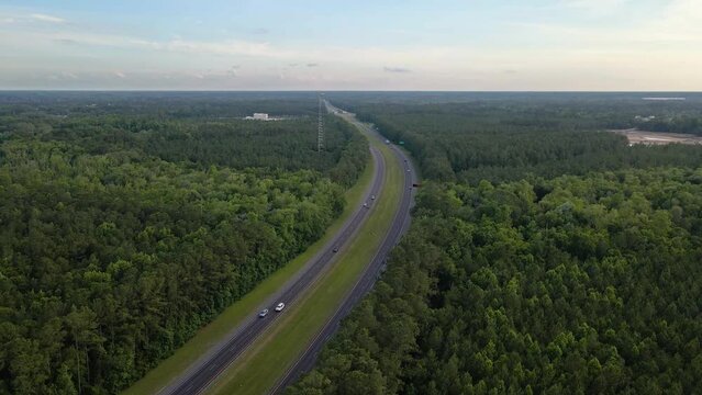 Aerial view overlooking traffic on I 295, in North Jacksonville, Florida - tracking, drone shot
