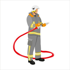 Vector illustration of a firefighter. People of extreme professions. Fighting fire.