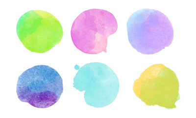 A set of large watercolor spots on a white isolated background. Colors - yellow, green, pink, blue.