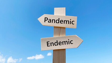 PandemicとEndemic文字入り道しるべと青空