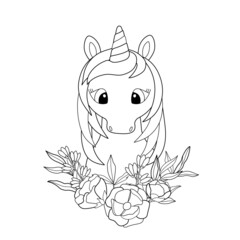 Kids coloring book with cute unicorn and flowers. Simple shapes, outline for small children, template for greeting cards. Cartoon vector illustration.