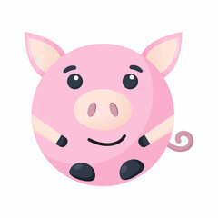 Cute cartoon round animal pig face, vector zoo sticker isolated on white background. 