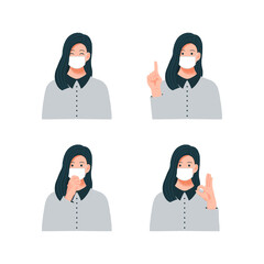 マスクをしているさまざまなポーズを取る女性のイラストセット