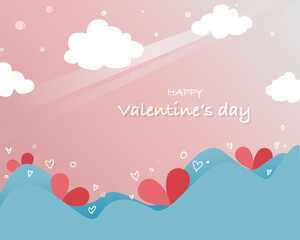 Valentine’s Day greeting card with hearts in the wave and cloud on the sky. Paper cut style with fanciful pastel color