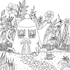 Teapot house in the forest with flowers and well. Hand drawn coloring page.