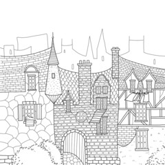 Medieval city street with houses and trees. Hand drawn coloring page.