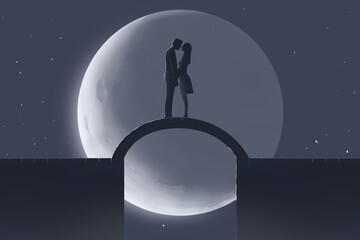 lovers on the bridge against the backdrop of the moon