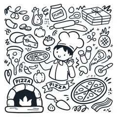 Cartoon Kid Baking Pizza with Ingredients in Kawaii Hand Drawn Doodle Vector Clip art  - 484566316