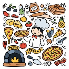 Cartoon Kid Baking Pizza with Ingredients in Kawaii Hand Drawn Doodle Vector Clip art 