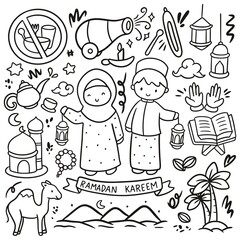 Cartoon Kids Celebrating Ramadan in Kawaii Doodle Style Vector Clip Art