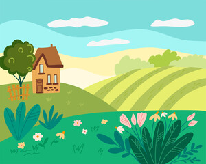 Fototapeta premium Spring landscape. Beautiful Rural landscape with a house, fields and flowers. Background for banner, greeting card, poster and advertising. Vector cartoon illustration.