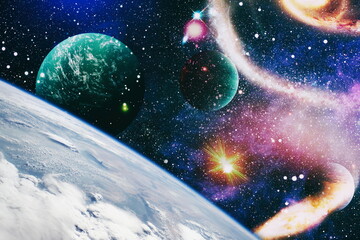 Chaotic space background. Planets, stars and galaxies in outer space showing the beauty of space...