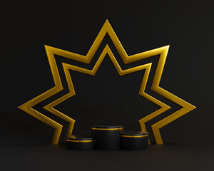 Black podium geometry with gold elements. empty showcase, pedestal platform display, 3d rendering.