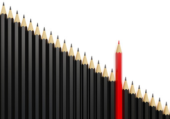 Red different, unique and standing out of the crowd pencil isolated on white background. business concept planning. 3d rendering.
